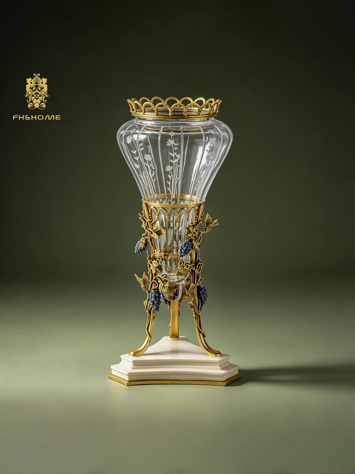 FH&HOME Prague Collection European Style Grape Vines Crystal Glass Vase - Brass & Porcelain Base