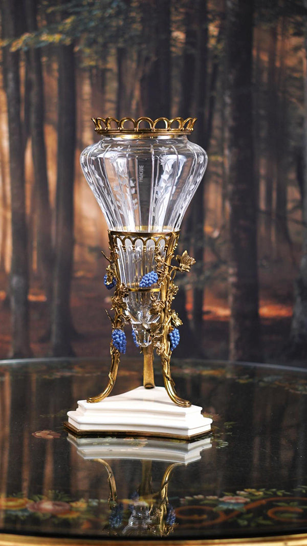 FH&HOME Prague Collection European Style Grape Vines Crystal Glass Vase - Brass & Porcelain Base