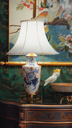 FH&HOME Blue & White Peony Lamp - Chinoiserie with Gilded Brass