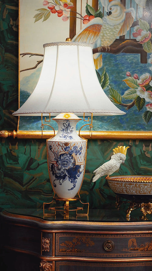 FH&HOME Blue & White Peony Lamp - Chinoiserie with Gilded Brass