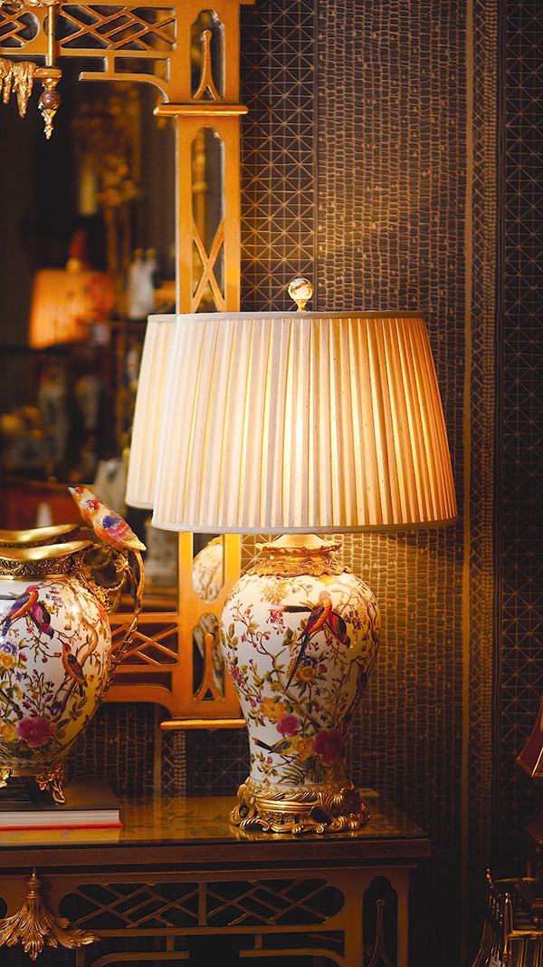 FH&HOME Spring Porcelain Lamp - Chinoiserie Avian with Gold Accents
