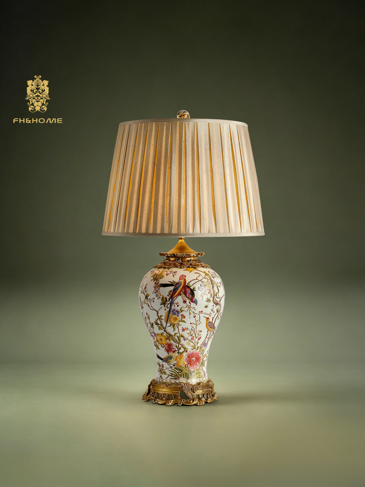 FH&HOME Spring Porcelain Lamp - Chinoiserie Avian with Gold Accents