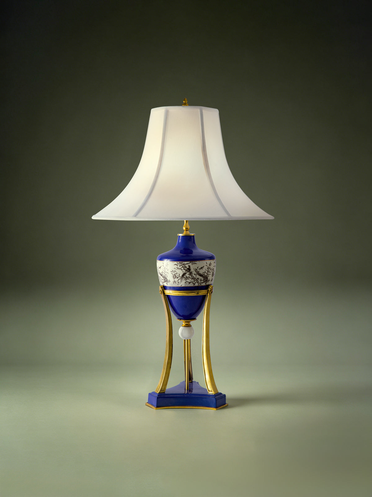 FH&HOME Chinoiserie Blue Porcelain Lamp - Ink Wash Bird Motif