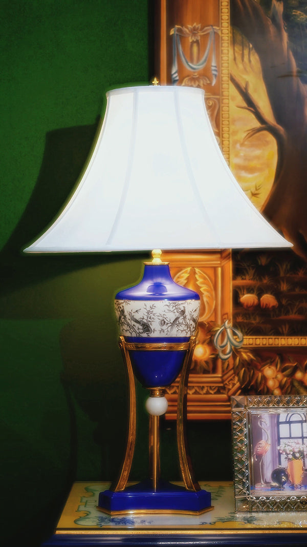 FH&HOME Chinoiserie Blue Porcelain Lamp - Ink Wash Bird Motif