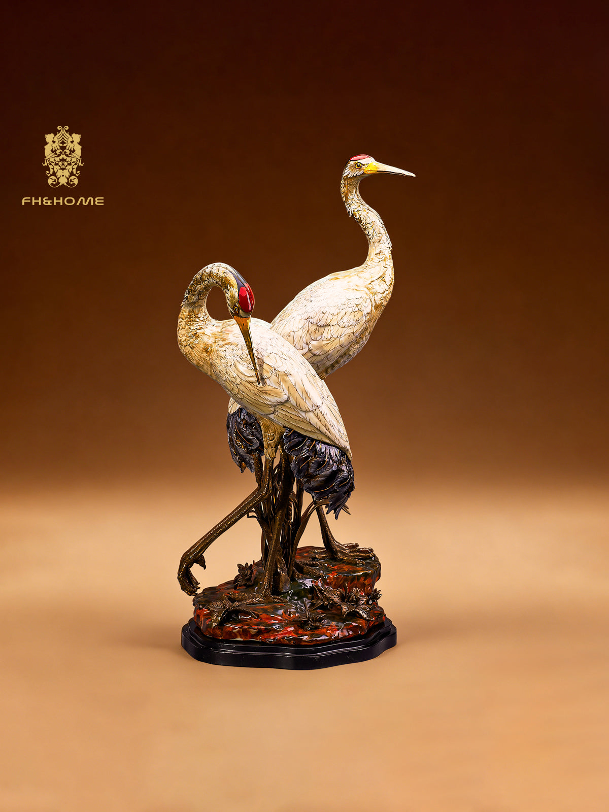 FH&HOME Red-Crowned Crane Couple Sculpture - Porcelain Symbol of Harmony