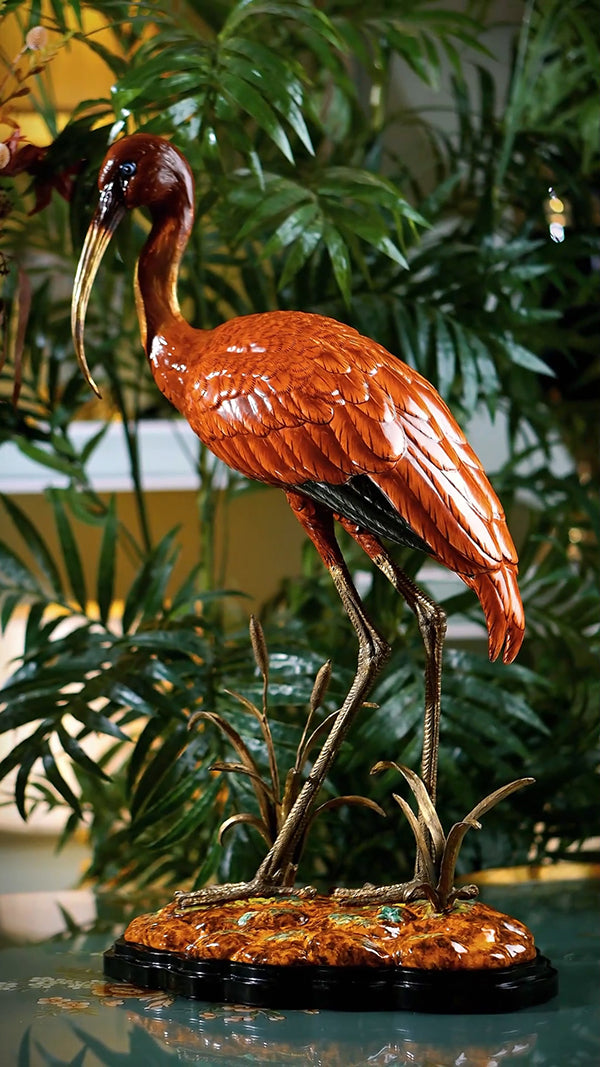 FH&HOME Vibrant Scarlet Ibis Sculpture - Hand-Painted Symbol of Tropical Beauty