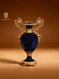 FH&HOME Regal Cobalt Blue Double-Handled Vase - Gilt Brass Accents