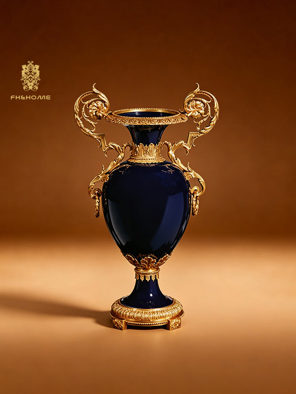 FH&HOME Regal Cobalt Blue Double-Handled Vase - Gilt Brass Accents