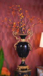 FH&HOME Regal Cobalt Blue Double-Handled Vase - Gilt Brass Accents