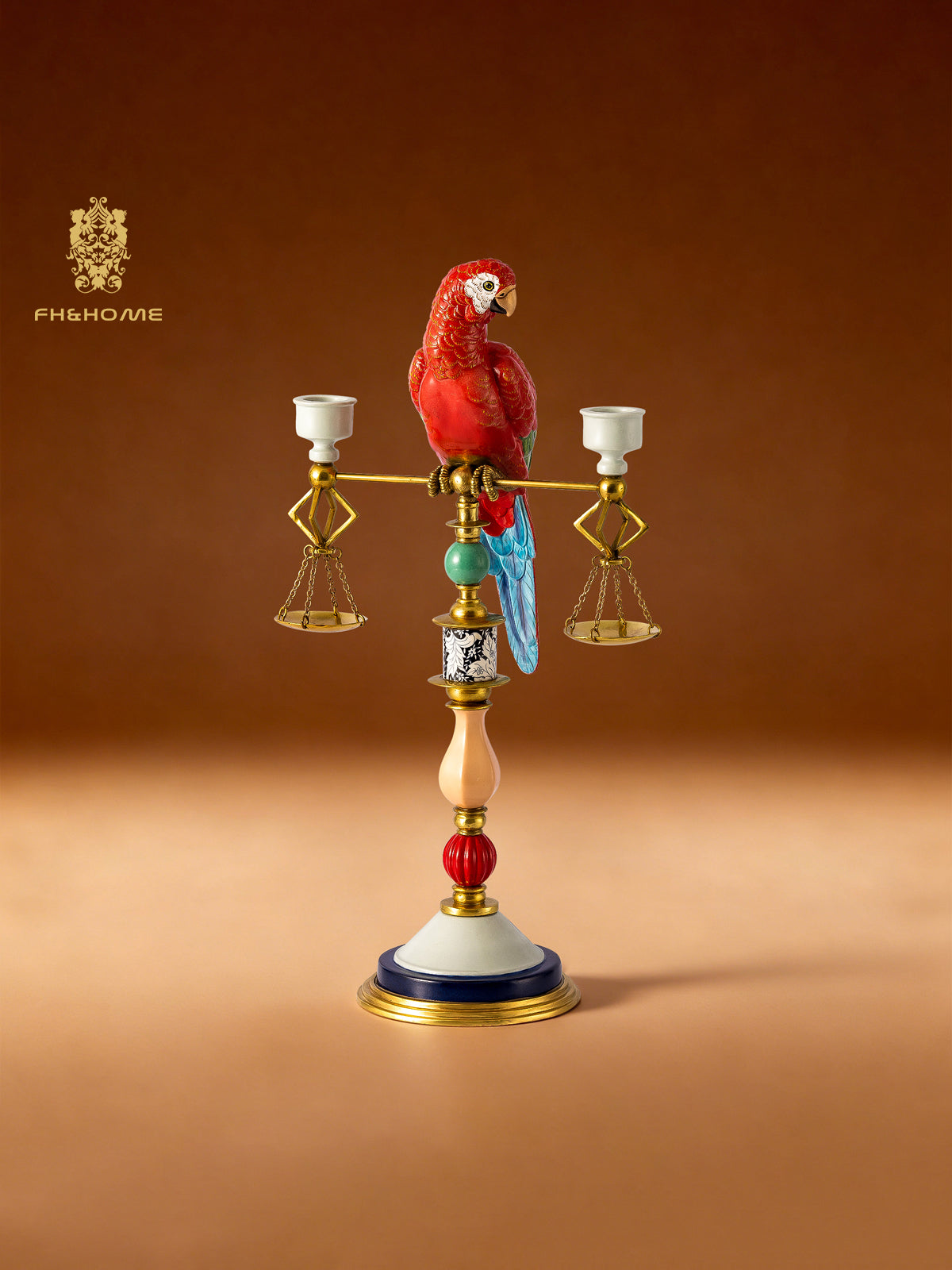 FH&HOME Art Deco Red Parrot Balance Double Candle Holder - Vintage Brass Frame