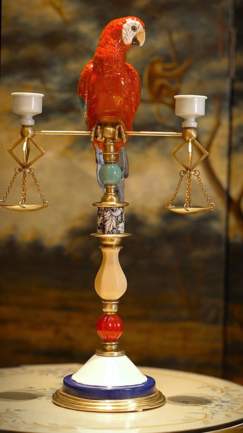 FH&HOME Art Deco Red Parrot Balance Double Candle Holder - Vintage Brass Frame