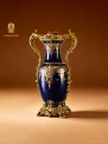 FH&HOME Deep Blue Gilded Amphora Porcelain Vase - Ornate Brass Mount Accent