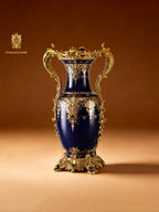 FH&HOME Deep Blue Gilded Amphora Porcelain Vase - Ornate Brass Mount Accent