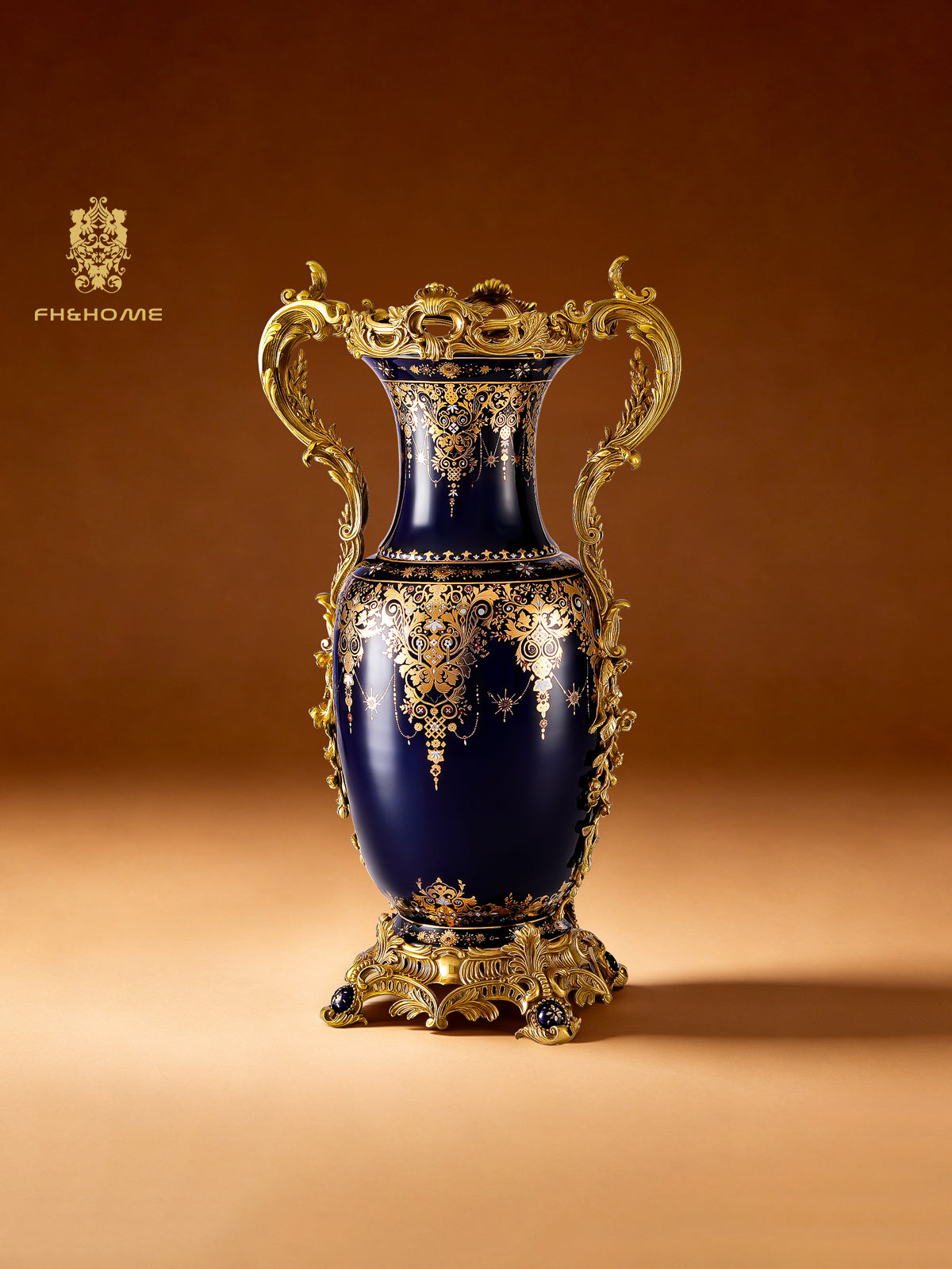 FH&HOME Deep Blue Gilded Amphora Porcelain Vase - Ornate Brass Mount Accent