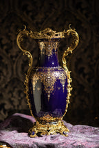 FH&HOME Deep Blue Gilded Amphora Porcelain Vase - Ornate Brass Mount Accent