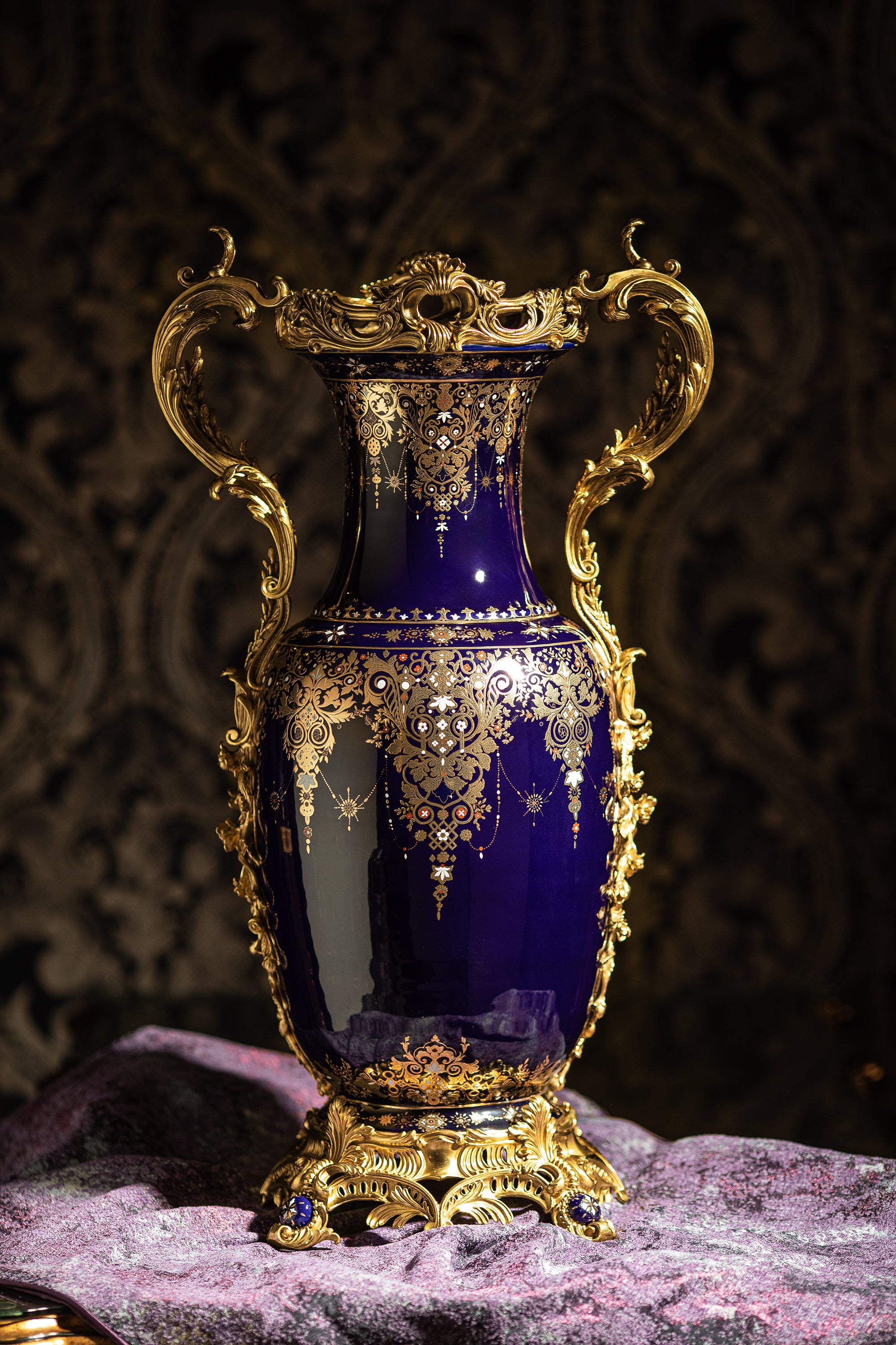 FH&HOME Deep Blue Gilded Amphora Porcelain Vase - Ornate Brass Mount Accent