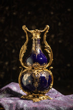 FH&HOME Chinoiserie Deep Blue Gilded Double Gourd Porcelain Vase - Ornate Brass Mount Accent