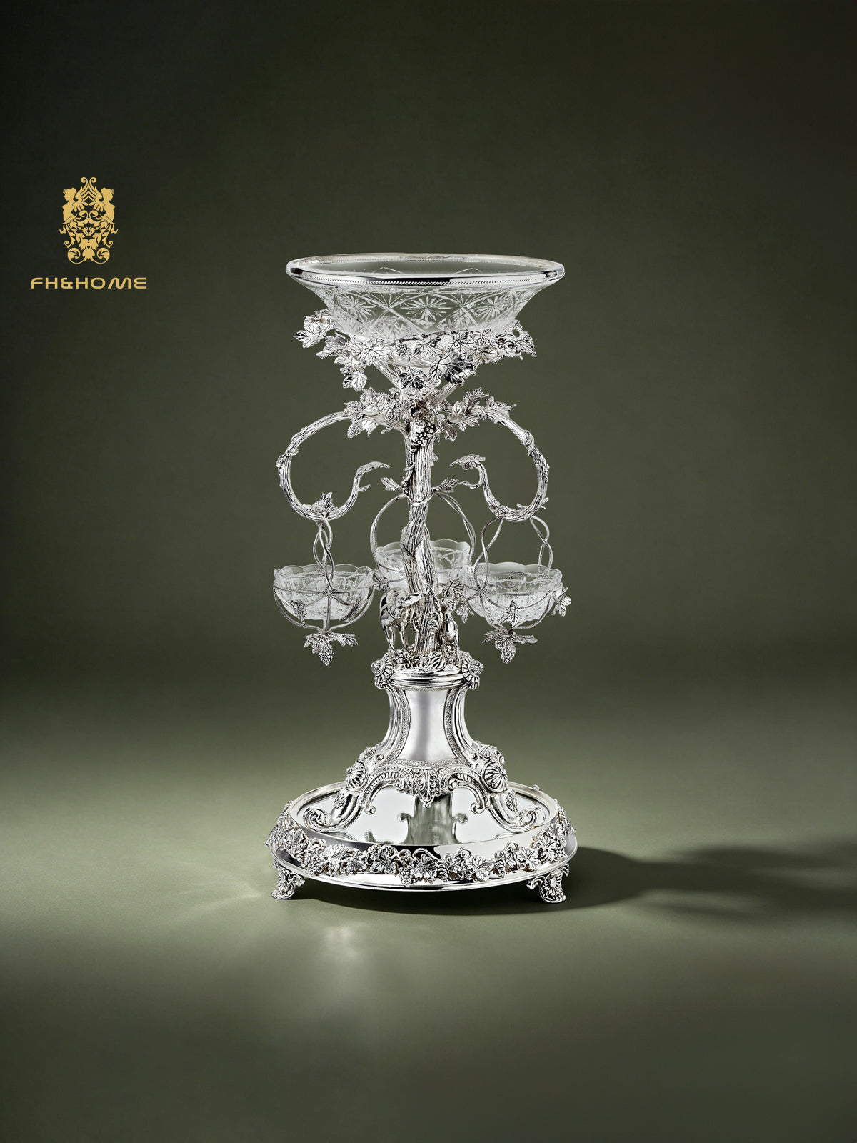 FH&HOME Victorian Grapevine Crystal Epergne Centerpiece
