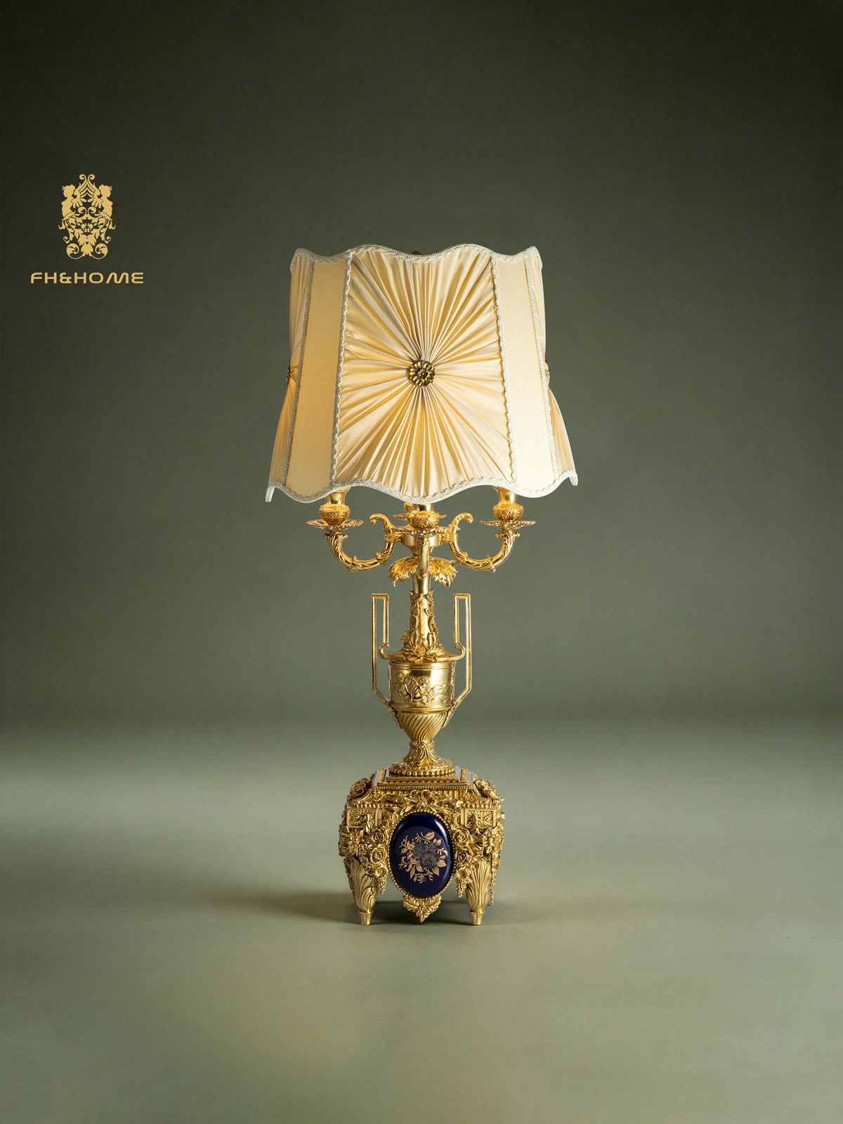 FH&HOME Gilded Urn Table Lamp - Rococo with Cobalt Blue Porcelain Inlay