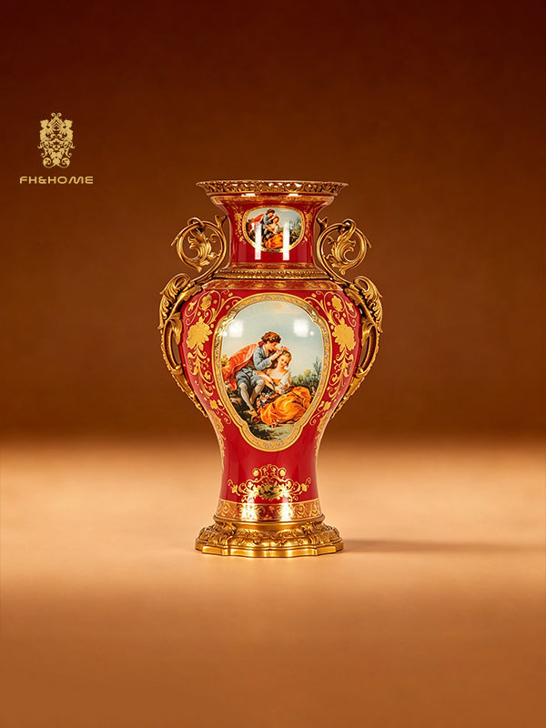 FH&HOME Imperial Red Baroque Vase - Copper-Mounted Porcelain with Gilded Accents