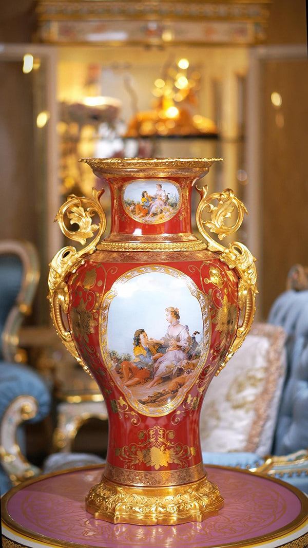 FH&HOME Imperial Red Baroque Vase - Copper-Mounted Porcelain with Gilded Accents