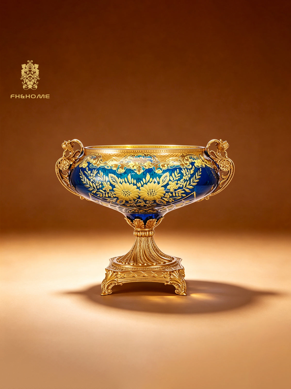 FH&HOME Aurora Glass Royal Etched Floral Tazzas - Navy Blue