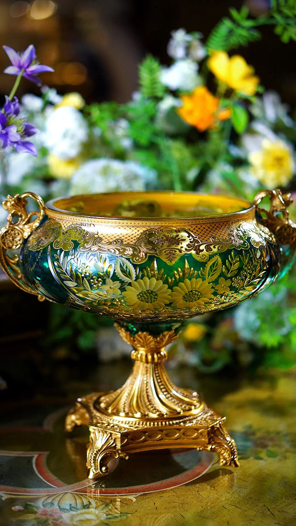 FH&HOME Aurora Glass Royal Etched Floral Tazzas - Navy Blue
