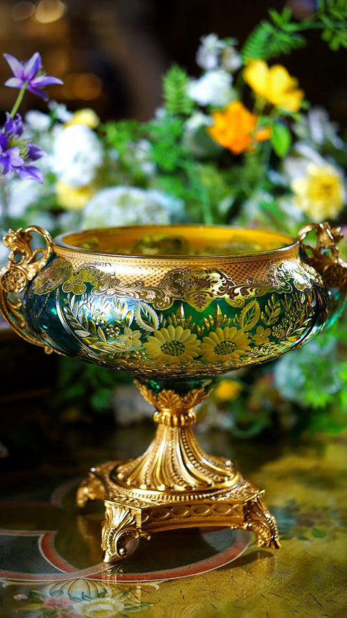 FH&HOME Aurora Glass Royal Etched Floral Tazzas - Navy Blue