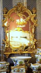 FH&HOME Rococo Gilded Cherub Sculpted Wall Mirror - Ornate Brass Frame Accent
