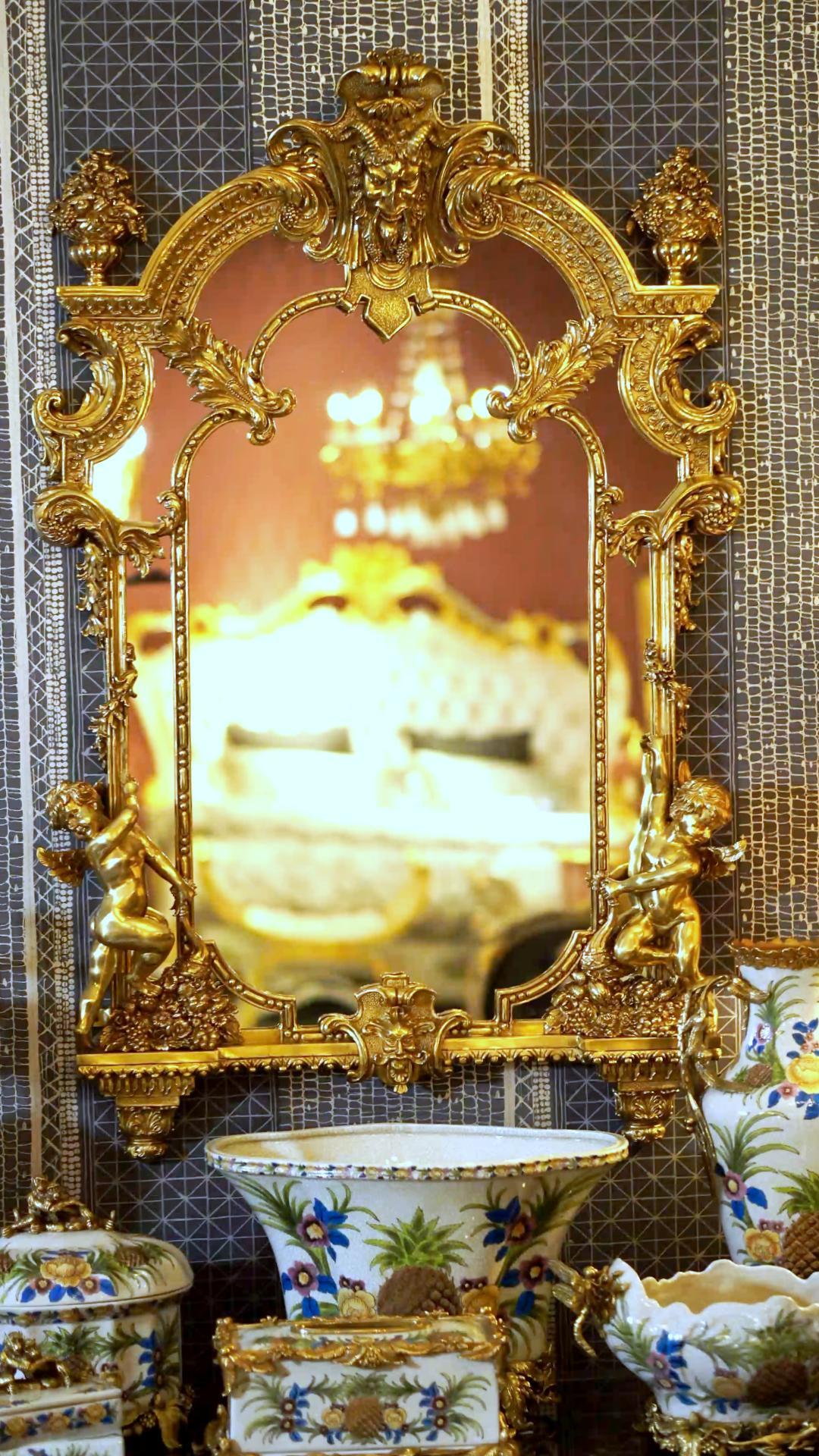 FH&HOME Rococo Gilded Cherub Sculpted Wall Mirror - Ornate Brass Frame Accent