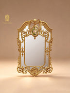 FH&HOME Rococo Brass Floral Porcelain Inset Wall Mirror - Ornate Scroll Frame Accent