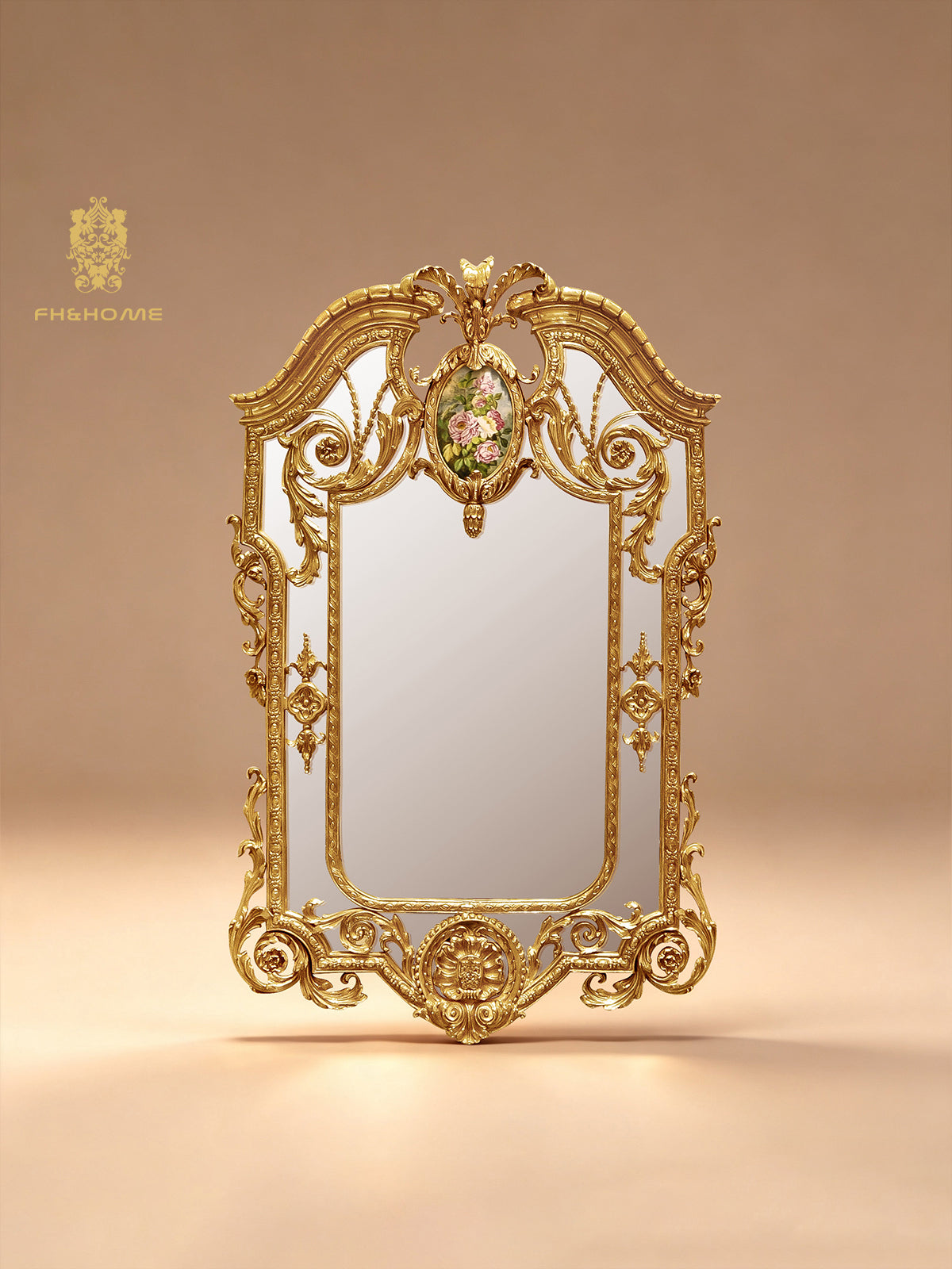 FH&HOME Rococo Brass Floral Porcelain Inset Wall Mirror - Ornate Scroll Frame Accent
