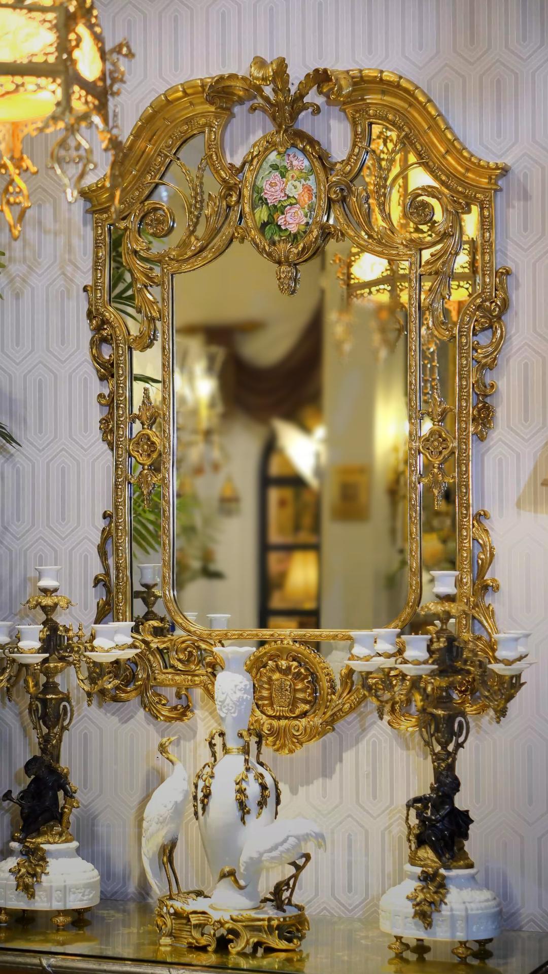 FH&HOME Rococo Brass Floral Porcelain Inset Wall Mirror - Ornate Scroll Frame Accent