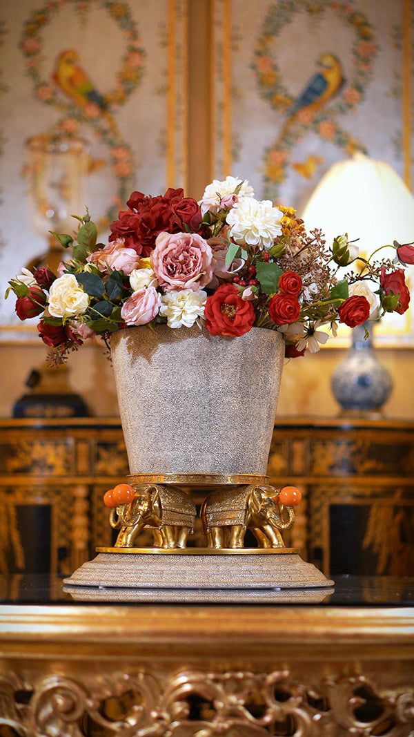 FH&HOME Ornate Elephant Base Decorative Planter - Brass Figurines