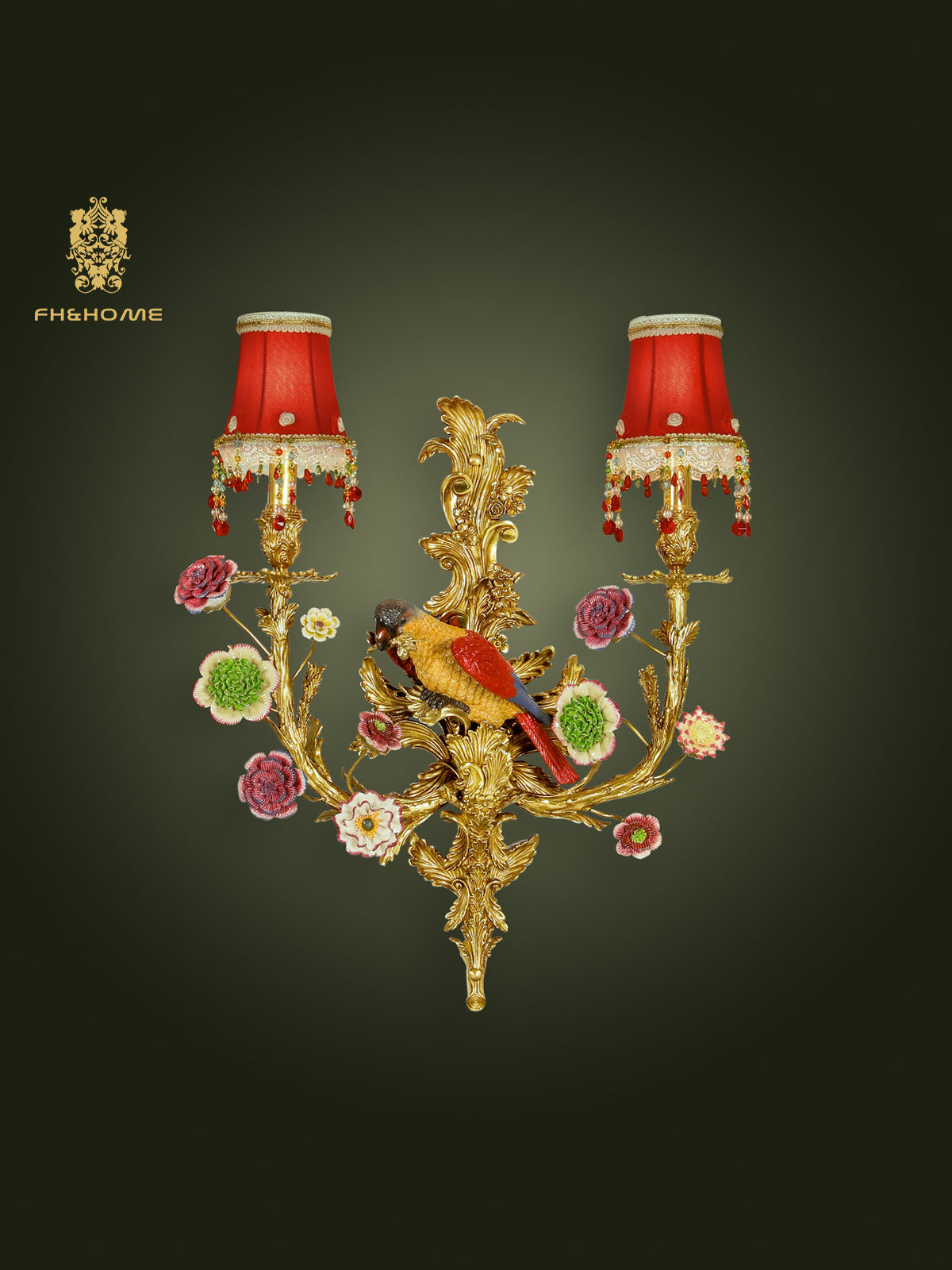 FH&HOME Parrot Floral Wall Lamp - Gilded Red with Tassel Shade