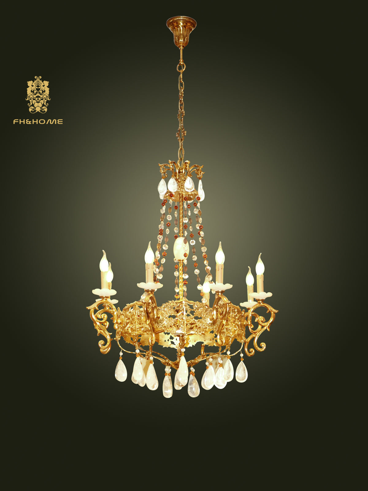 FH&HOME Baroque Brass Chandelier - Vintage Luxury with Crystal