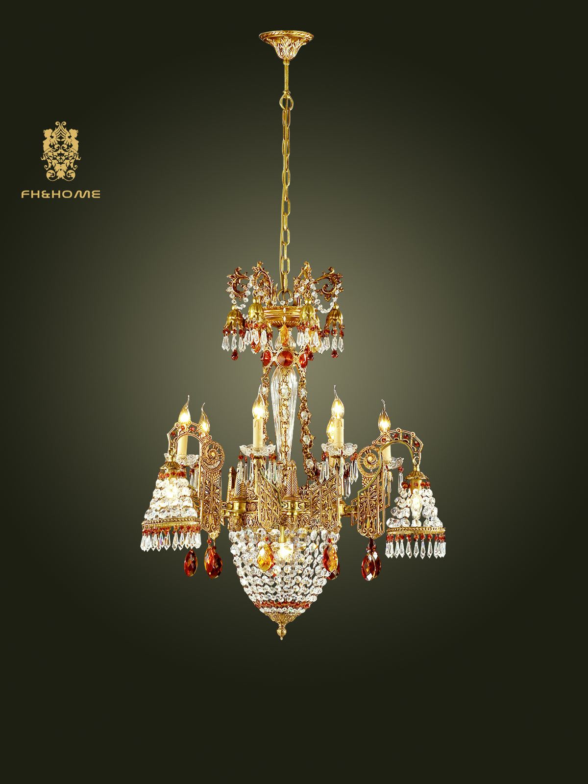 FH&HOME Gold Crystal Chandelier - Baroque Style with Grand Silhouette