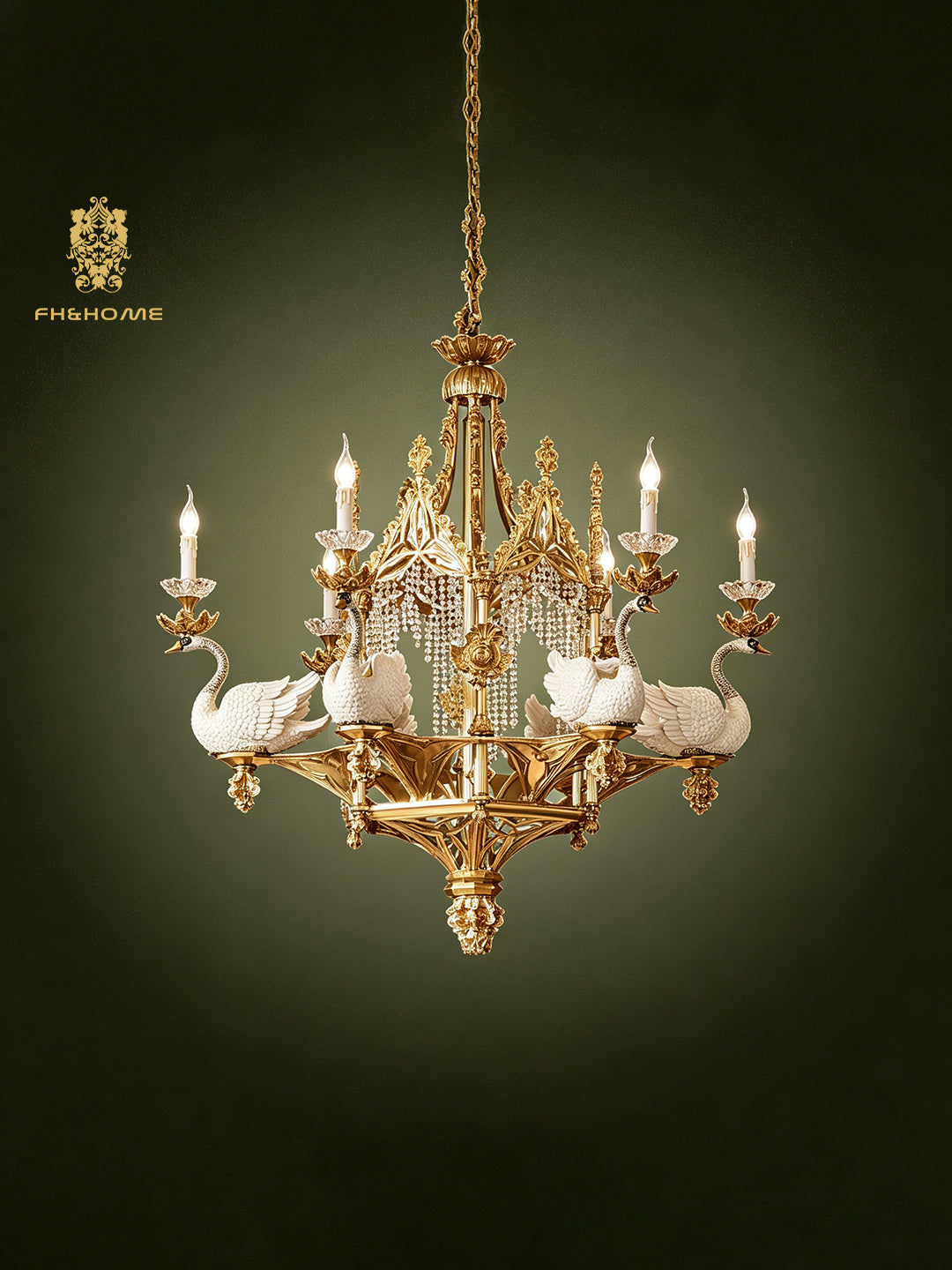 FH&HOME Porcelain Swan Chandelier - Delicate with Crystal and Brass