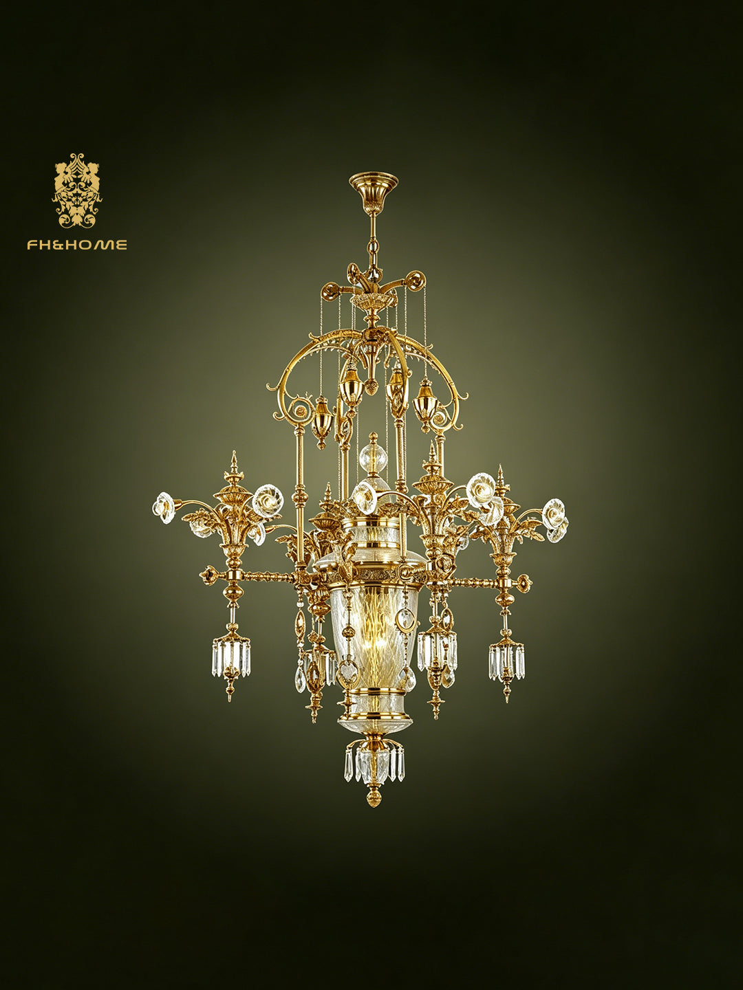 FH&HOME Palace Floral Chandelier - Ornate Crystal with Gilded Brass