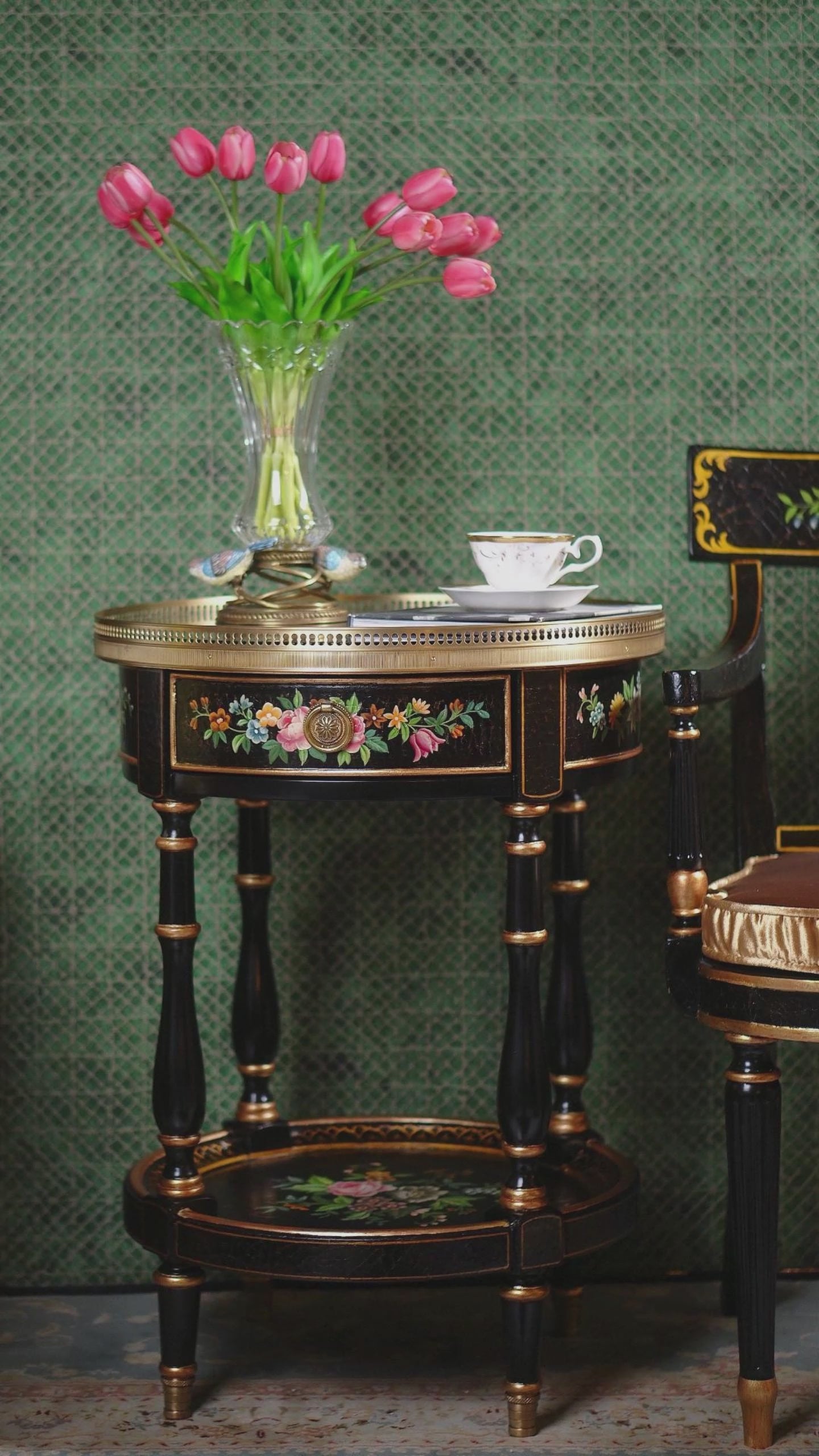 FH&HOME Craquelure Roses Occasional Table - Rococo Hand-Painted