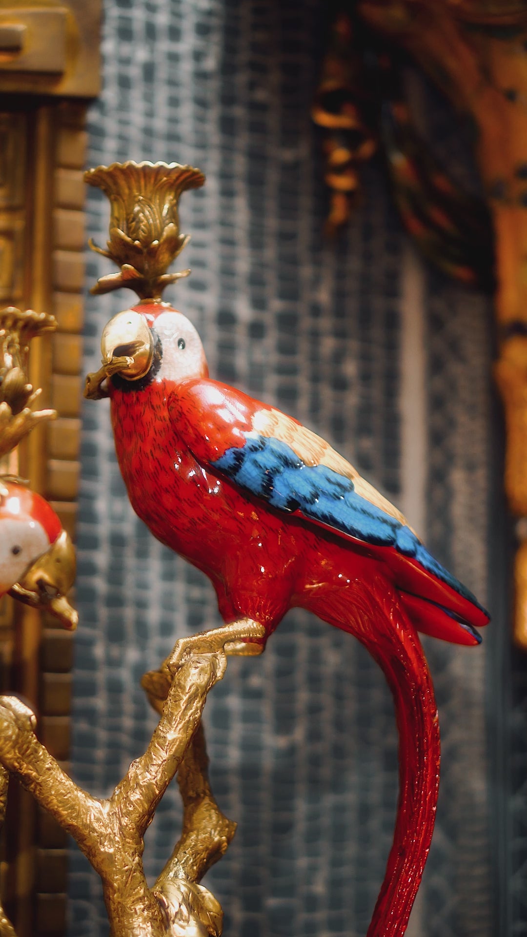 FH&HOME Art Deco Parrot Sculptural Branch Candle Holder - Gilded Retro Glamour