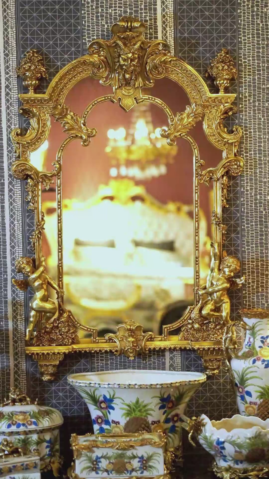 FH&HOME Rococo Gilded Cherub Sculpted Wall Mirror - Ornate Brass Frame Accent