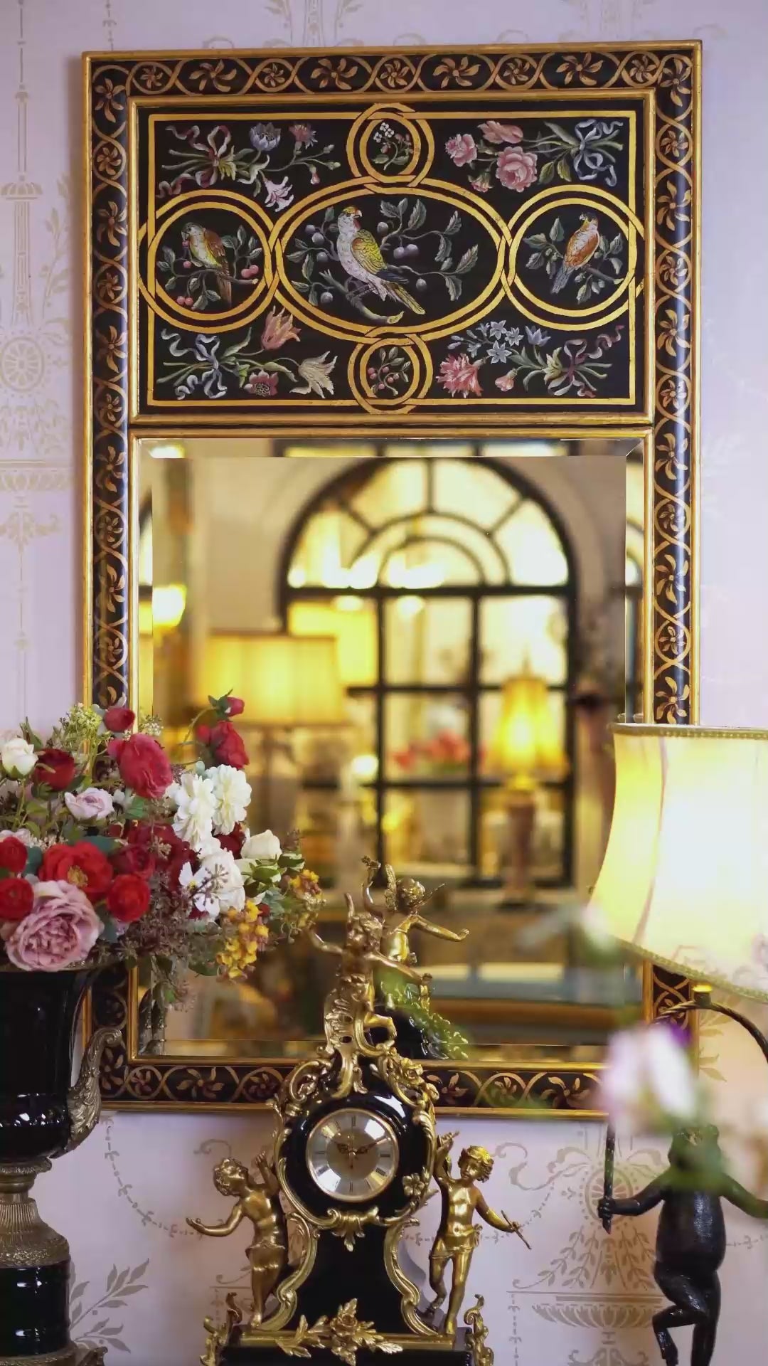FH&HOME Black Gilded Bird & Floral Rectangular Wall Mirror