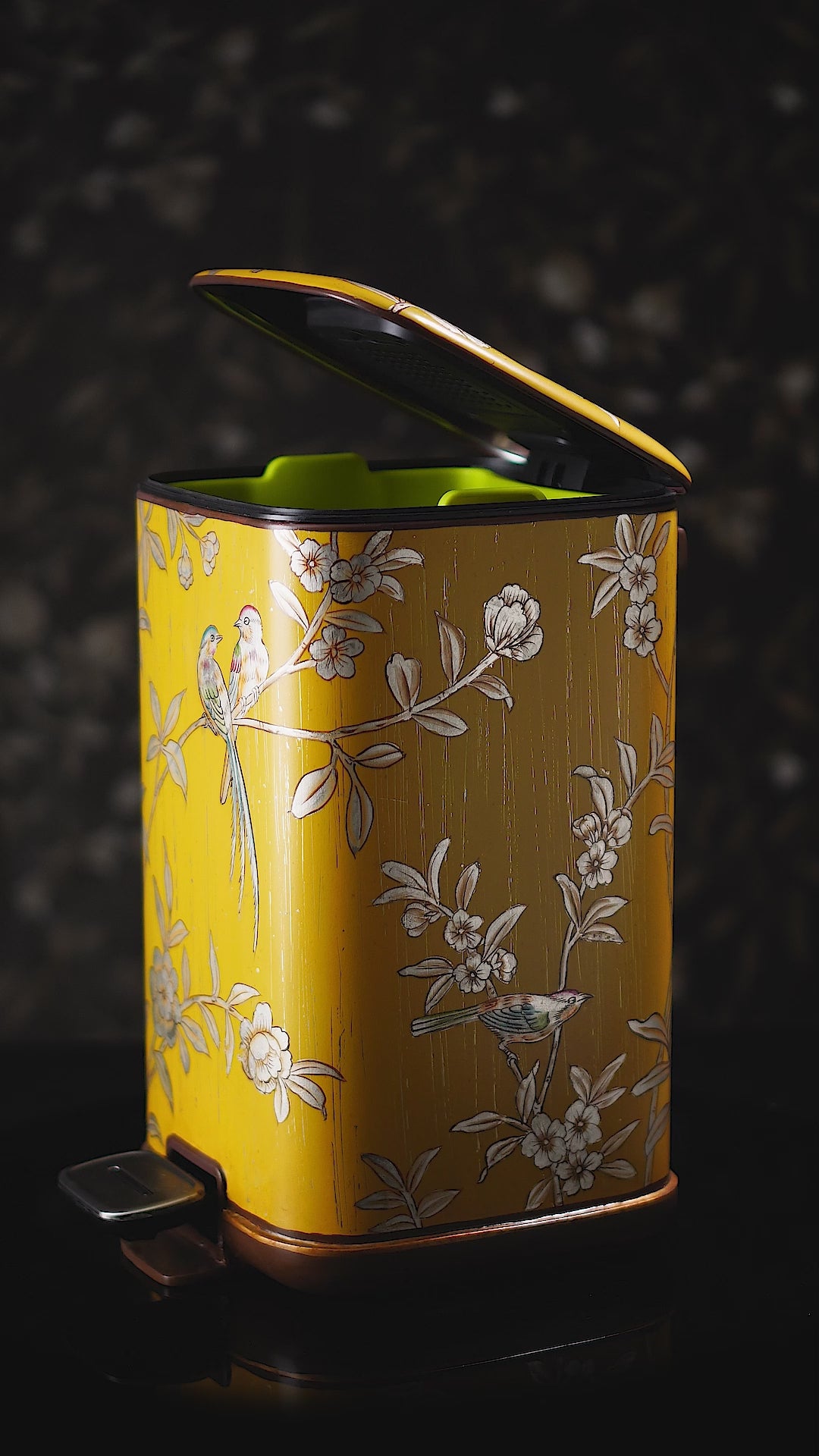 FH&HOME Imperial Yellow Chinoiserie Floral & Bird Trash Bin - Foot Pedal
