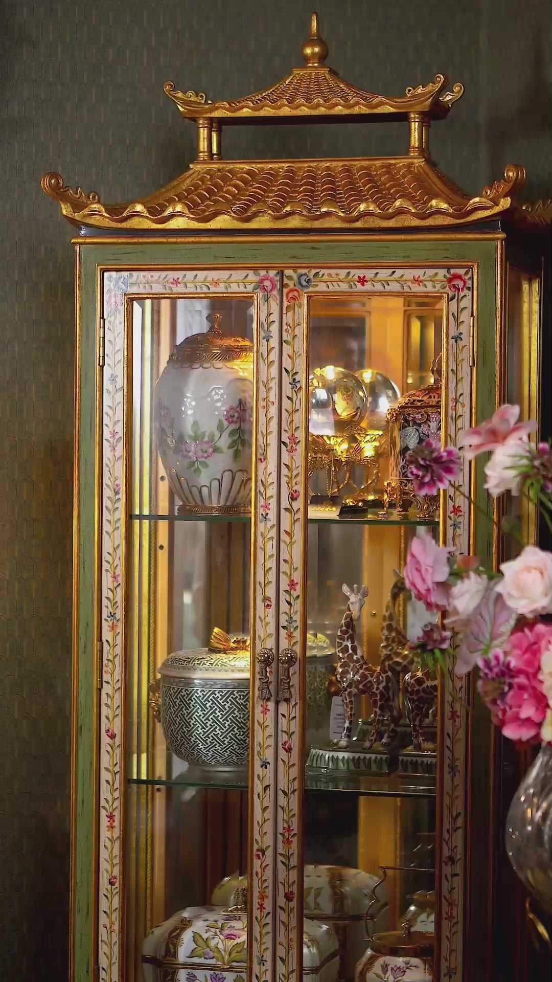 FH&HOME Chinoiserie Pagoda Cabinet - Floral French Paintwork
