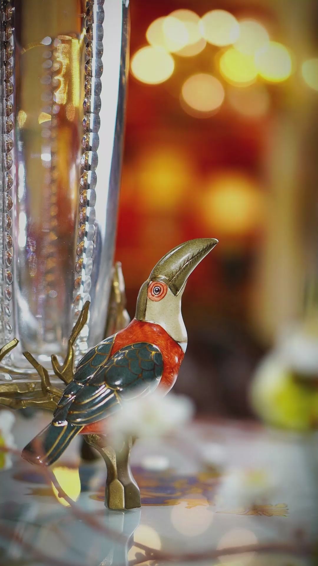 FH&HOME Prague Collection Toucan Crystal Glass Fruit Bowl & Vase - Brass Branch Supports