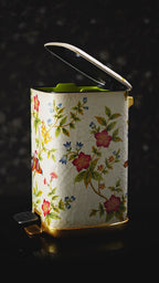 FH&HOME Crackle Texture White Bird & Blossom Accent Trash Bin - Foot Pedal