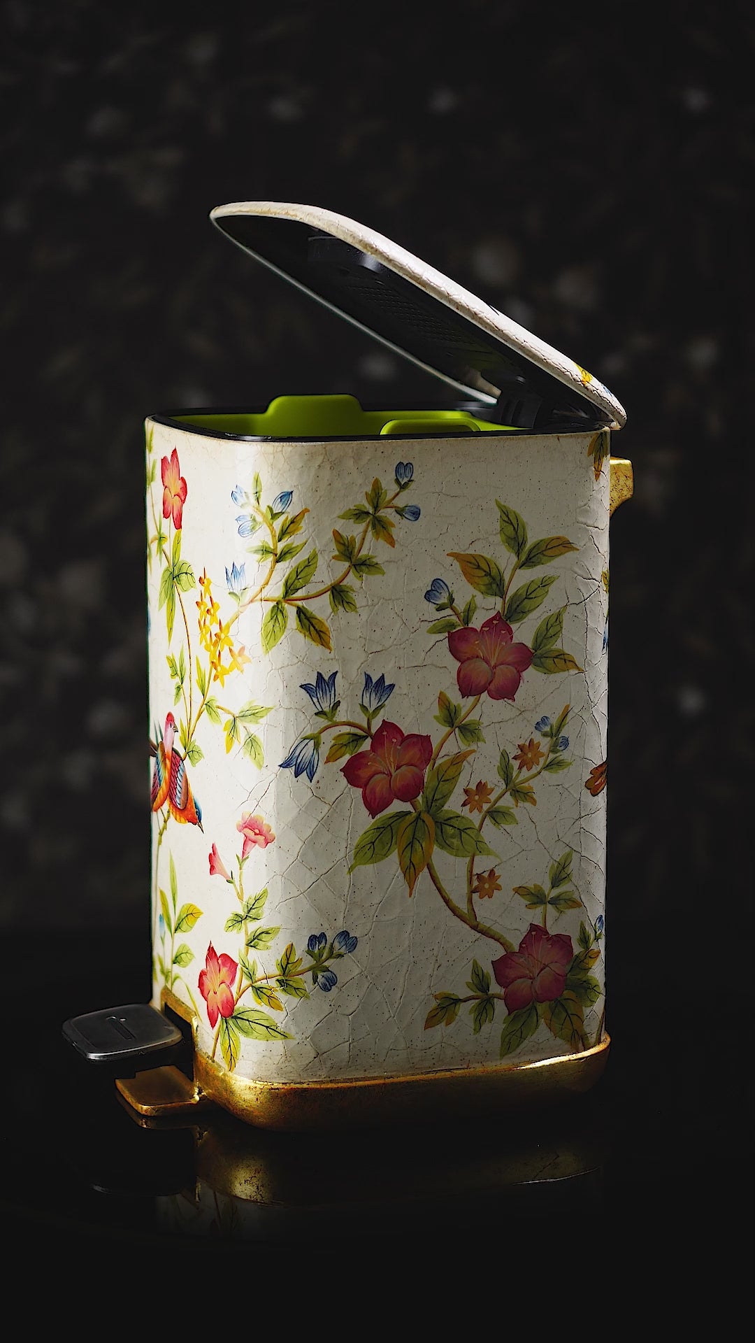 FH&HOME Crackle Texture White Bird & Blossom Accent Trash Bin - Foot Pedal