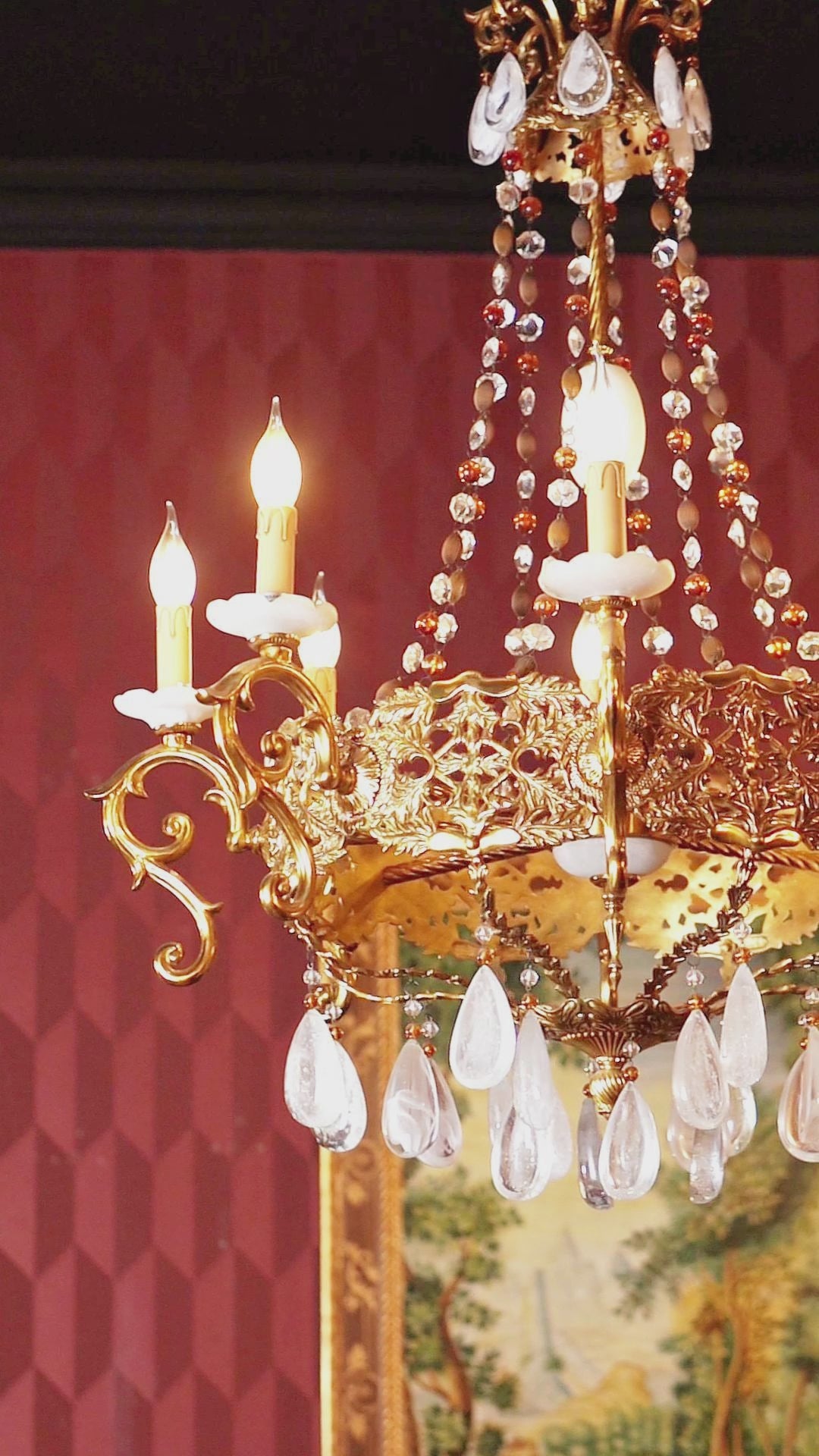 FH&HOME Baroque Brass Chandelier - Vintage Luxury with Crystal