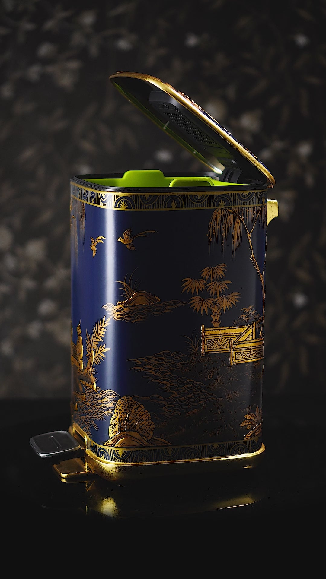 FH&HOME Royal Blue Chinese Figure Scenery Gold Painted Trash Bin - Foot Peda
